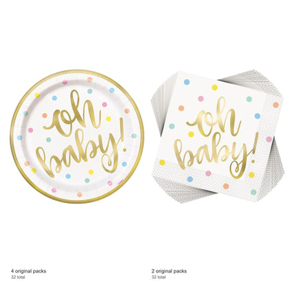 Oh Baby Gold Baby Shower Dinner Plates and Napkins Set for 32 Guests - included packs and quantities