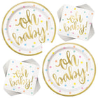 Oh Baby Gold Baby Shower Dinner Plates and Napkins Set for 32 Guests - set overview