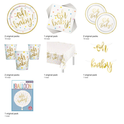Oh Baby Gold Baby Shower Party Supplies and Foil Balloon Set for 16 Guests - included packs and quantities