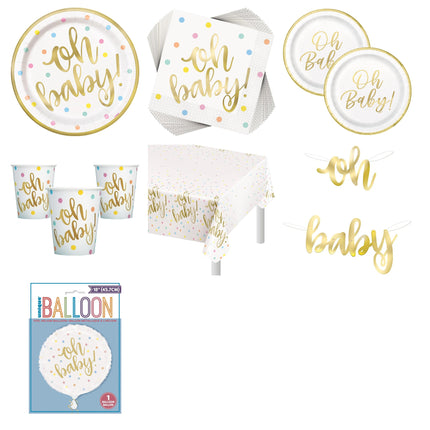Oh Baby Gold Baby Shower Party Supplies and Foil Balloon Set for 16 Guests - set overview
