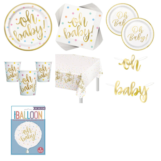 Oh Baby Gold Baby Shower Party Supplies and Foil Balloon Set for 16 Guests - set overview