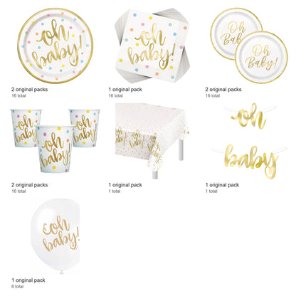 Oh Baby Gold Baby Shower Party Supplies and Latex Balloons Set for 16 Guests - included packs and quantities