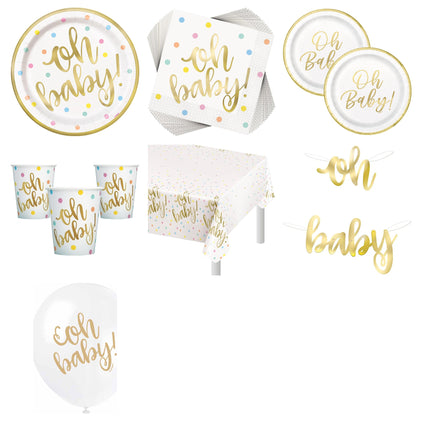 Oh Baby Gold Baby Shower Party Supplies and Latex Balloons Set for 16 Guests - set overview