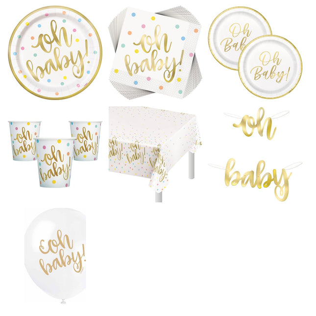 Oh Baby Gold Baby Shower Party Supplies and Latex Balloons Set for 16 Guests - set overview