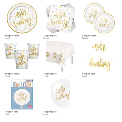 Oh Baby Gold Baby Shower Party Supplies, Foil and Latex Balloons Set for 16 Guests - included packs and quantities