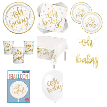 Oh Baby Gold Baby Shower Party Supplies, Foil and Latex Balloons Set for 16 Guests - set overview