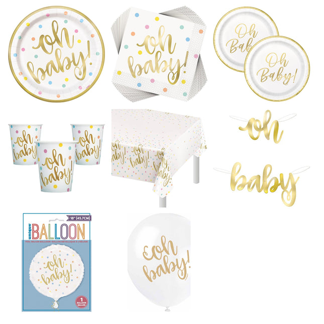 Oh Baby Gold Baby Shower Party Supplies, Foil and Latex Balloons Set for 16 Guests - set overview