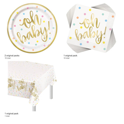Oh Baby Gold Baby Shower Plates, Napkins and Tablecloth Set for 16 Guests - included packs and quantities