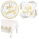 Oh Baby Gold Baby Shower Plates, Napkins and Tablecloth Set for 16 Guests - set overview