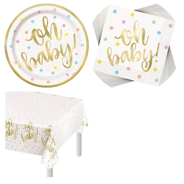 Oh Baby Gold Baby Shower Plates, Napkins and Tablecloth Set for 16 Guests - set overview