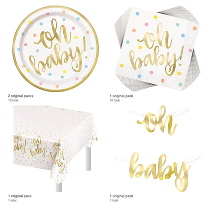 Oh Baby Gold Baby Shower Plates, Napkins, Banner and Tablecloth Set for 16 Guests - included packs and quantities