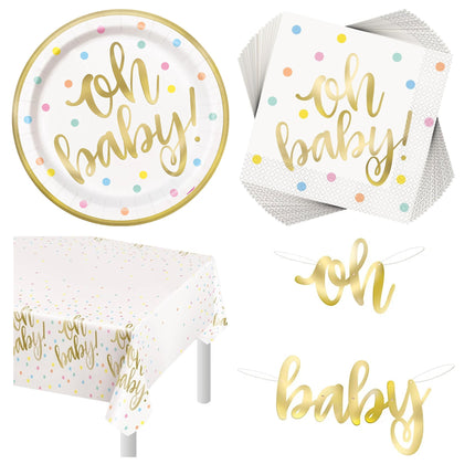 Oh Baby Gold Baby Shower Plates, Napkins, Banner and Tablecloth Set for 16 Guests - set overview