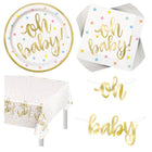 Oh Baby Gold Baby Shower Plates, Napkins, Banner and Tablecloth Set for 16 Guests - set overview