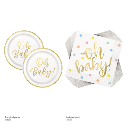 Oh Baby Gold Baby Shower Shaped Plates and Napkins Set for 16 Guests - included packs and quantities