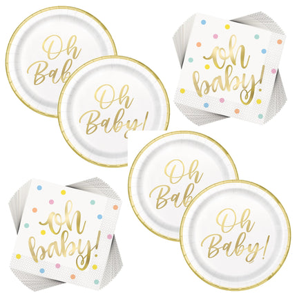Oh Baby Gold Baby Shower Shaped Plates and Napkins Set for 32 Guests - set overview