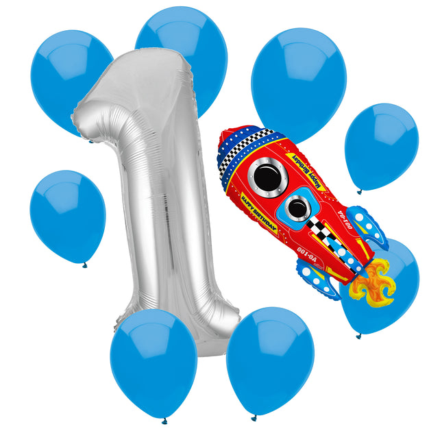 Outer Space 1st birthday set main: number 1 foil, themed foil and 8 matching latex balloons