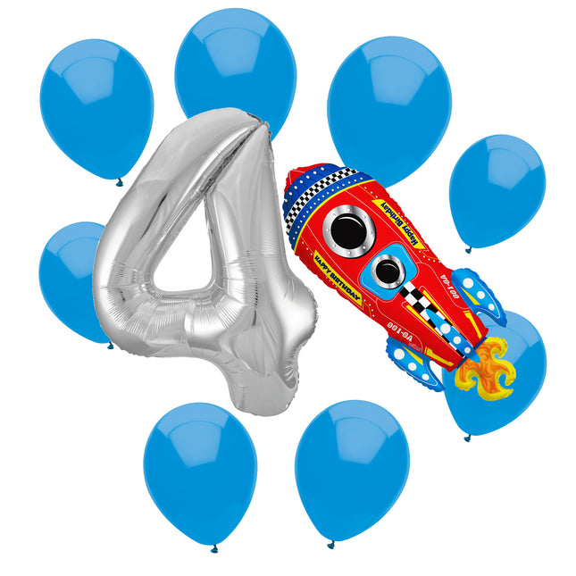 Outer Space 4th birthday set main: number 4 foil, themed foil and 8 matching latex balloons