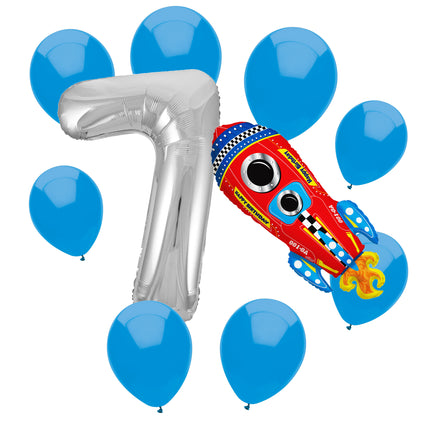 Outer Space 7th birthday set main: number 7 foil, themed foil and 8 matching latex balloons