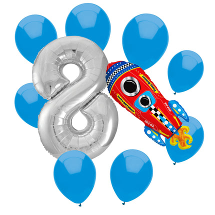 Outer Space 8th birthday set main: number 8 foil, themed foil and 8 matching latex balloons