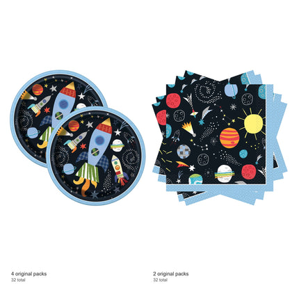 Outer Space Dinner Plates and Napkins Set for 32 Guests - included packs and quantities