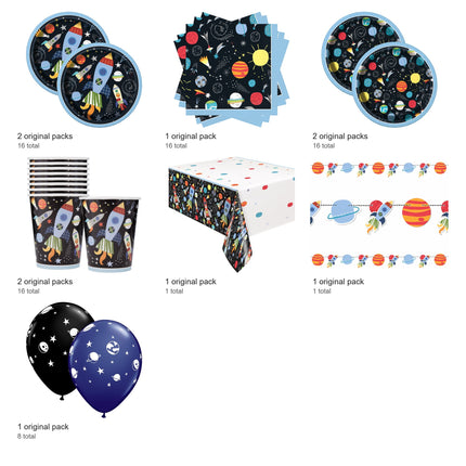 Outer Space Party Supplies and Latex Balloons Set for 16 Guests - included packs and quantities