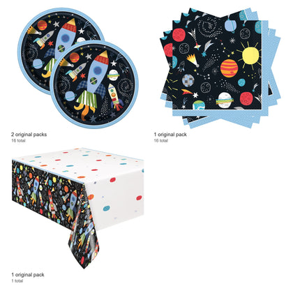 Outer Space Plates, Napkins and Tablecloth Set for 16 Guests - included packs and quantities