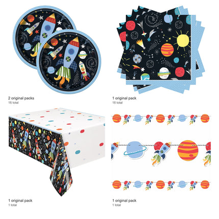 Outer Space Plates, Napkins, Banner and Tablecloth Set for 16 Guests - included packs and quantities