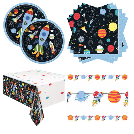 Outer Space Plates, Napkins, Banner and Tablecloth Set for 16 Guests - set overview