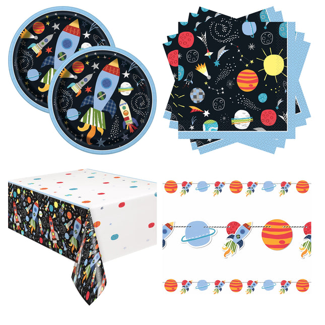 Outer Space Plates, Napkins, Banner and Tablecloth Set for 16 Guests - set overview