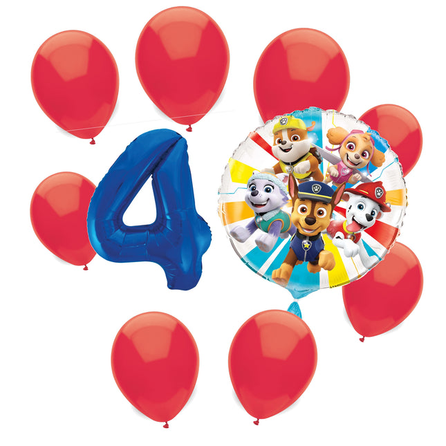 Paw Patrol 4th birthday set main: number 4 foil, themed foil and 8 matching latex balloons