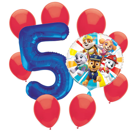 Paw Patrol 5th birthday set main: number 5 foil, themed foil and 8 matching latex balloons