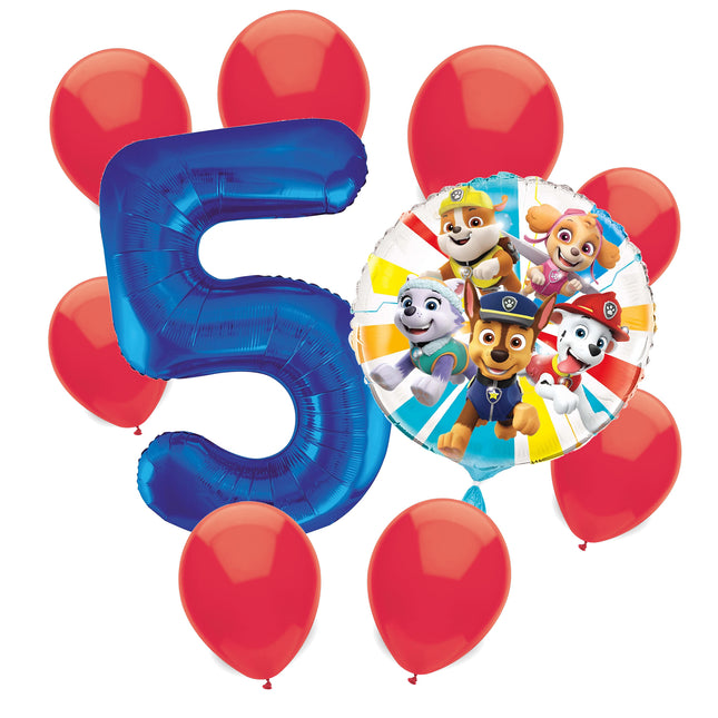 Paw Patrol 5th birthday set main: number 5 foil, themed foil and 8 matching latex balloons