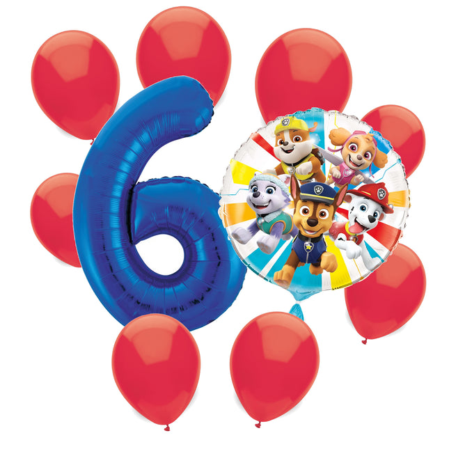 Paw Patrol 6th birthday set main: number 6 foil, themed foil and 8 matching latex balloons