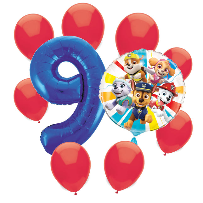 Paw Patrol 9th birthday set main: number 9 foil, themed foil and 8 matching latex balloons