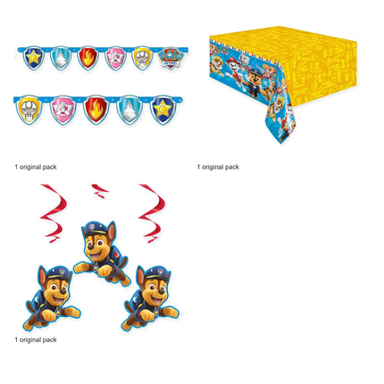Paw Patrol Birthday Banner, Tablecloth and 3 Hanging Swirls Set - original package contents