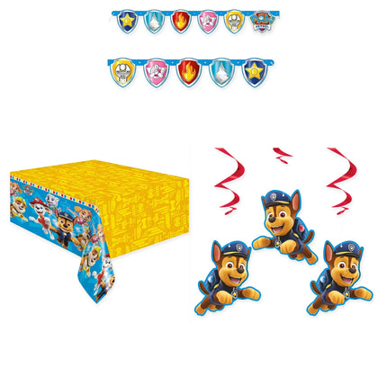 Paw Patrol Birthday Banner, Tablecloth and 3 Hanging Swirls Set - coordinated party set