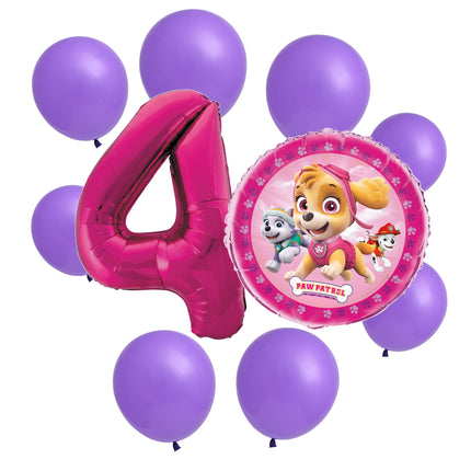Paw Patrol Skye 4th birthday set main: number 4 foil, themed foil and 8 matching latex balloons