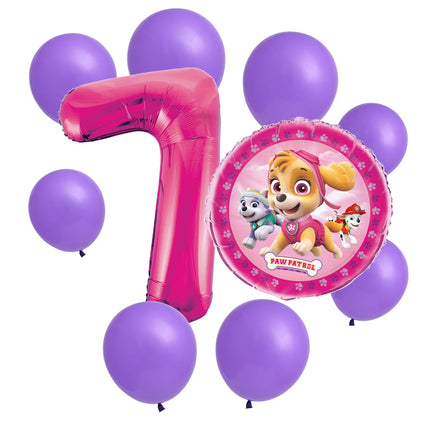Paw Patrol Skye 7th birthday set main: number 7 foil, themed foil and 8 matching latex balloons
