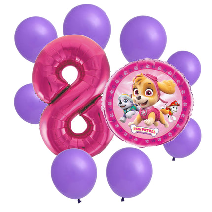 Paw Patrol Skye 8th birthday set main: number 8 foil, themed foil and 8 matching latex balloons