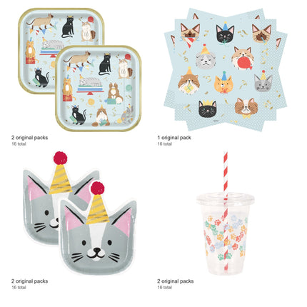 Pawty Animals Cat Coordinated Party Supplies Set for 16 Guests - included packs and quantities