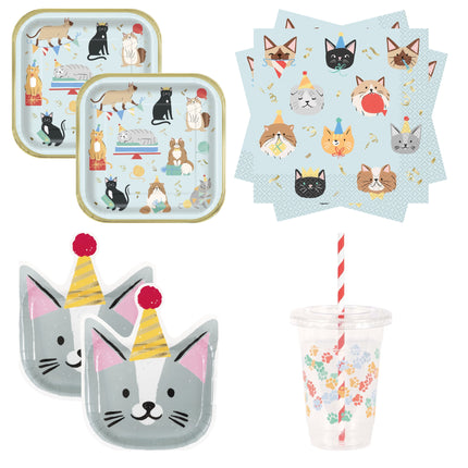 Pawty Animals Cat Coordinated Party Supplies Set for 16 Guests - set overview