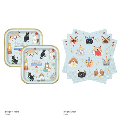 Pawty Animals Cat Dinner Plates and Napkins Set for 16 Guests - included packs and quantities