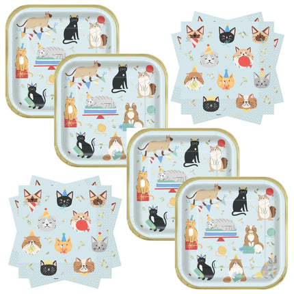 Pawty Animals Cat Dinner Plates and Napkins Set for 16 Guests - set overview