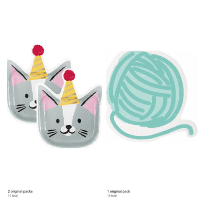 Pawty Animals Cat Shaped Plates and Napkins Set for 16 Guests - included packs and quantities