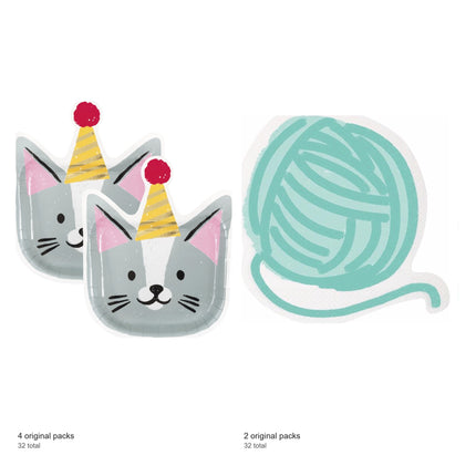 Pawty Animals Cat Shaped Plates and Napkins Set for 32 Guests - included packs and quantities