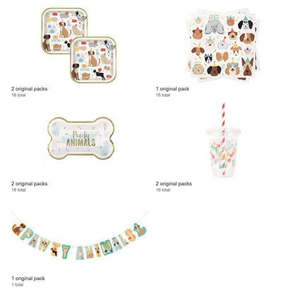 Pawty Animals Dog Coordinated Party Supplies Set for 16 Guests - included packs and quantities