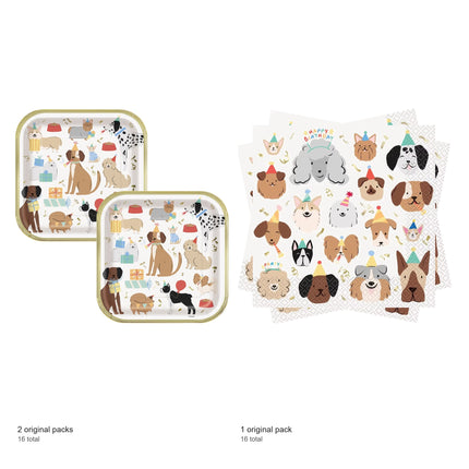 Pawty Animals Dog Dinner Plates and Napkins Set for 16 Guests - included packs and quantities