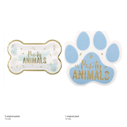 Pawty Animals Dog Shaped Plates and Napkins Set for 16 Guests - included packs and quantities