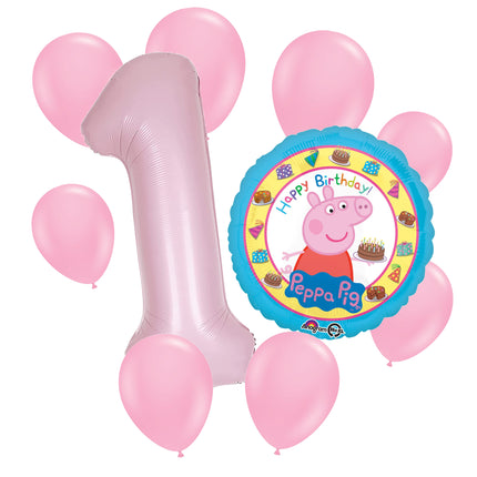 Peppa Pig 1st birthday set main: number 1 foil, themed foil and 8 matching latex balloons