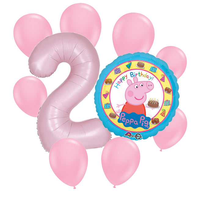 Peppa Pig 2nd birthday set main: number 2 foil, themed foil and 8 matching latex balloons